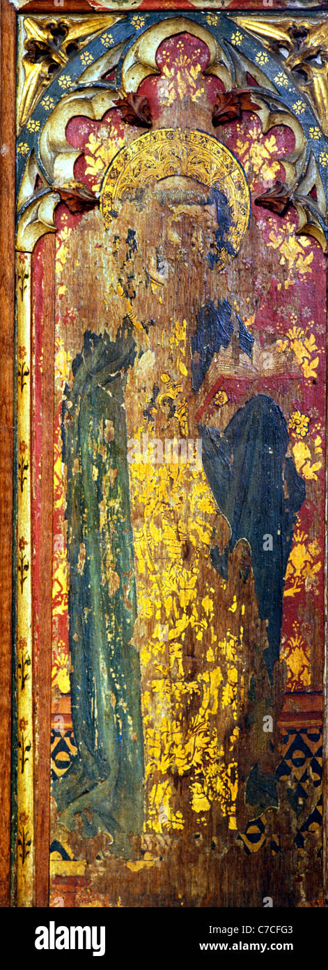 Old Hunstanton, Norfolk. Rood screen apostles apostle St.Simon fish fishes on book English medieval screens painting paintings Stock Photo