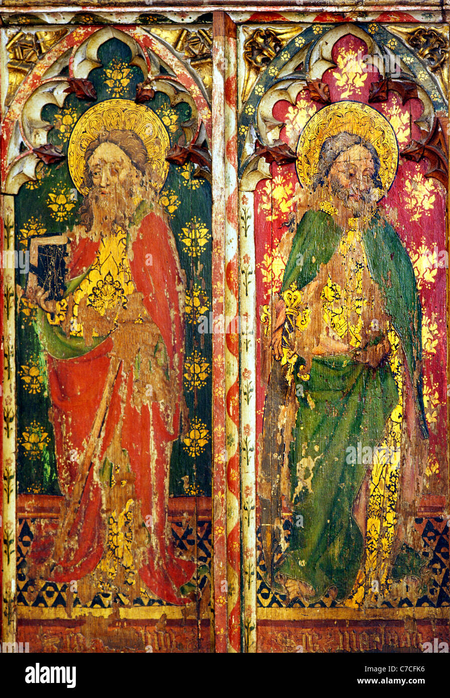 Old Hunstanton, Norfolk. Rood screen apostles English medieval screens painting paintings painted panel panels England UK church Stock Photo