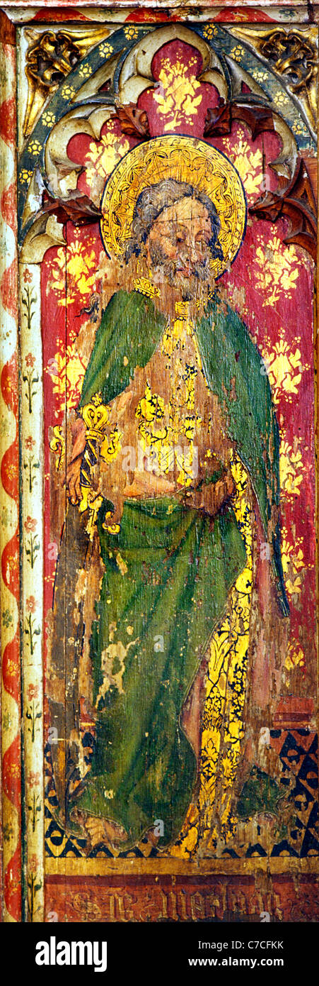 Old Hunstanton, Norfolk. Rood screen apostle medieval screens painting paintings painted panel panels England UK church churches Stock Photo
