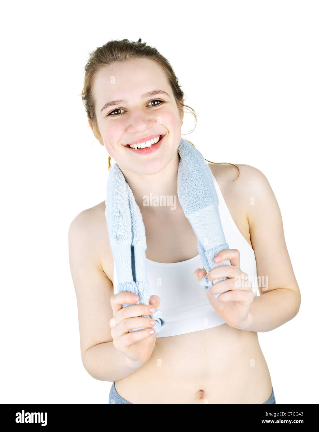 Happy fit young woman after workout holding towel Stock Photo Alamy