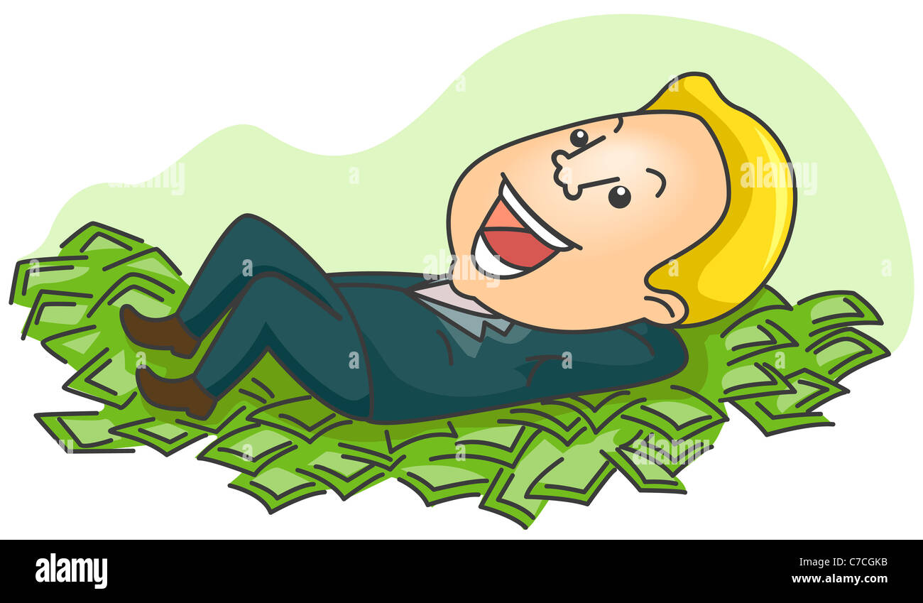 Man lying on piles of Money with Clipping Path Stock Photo