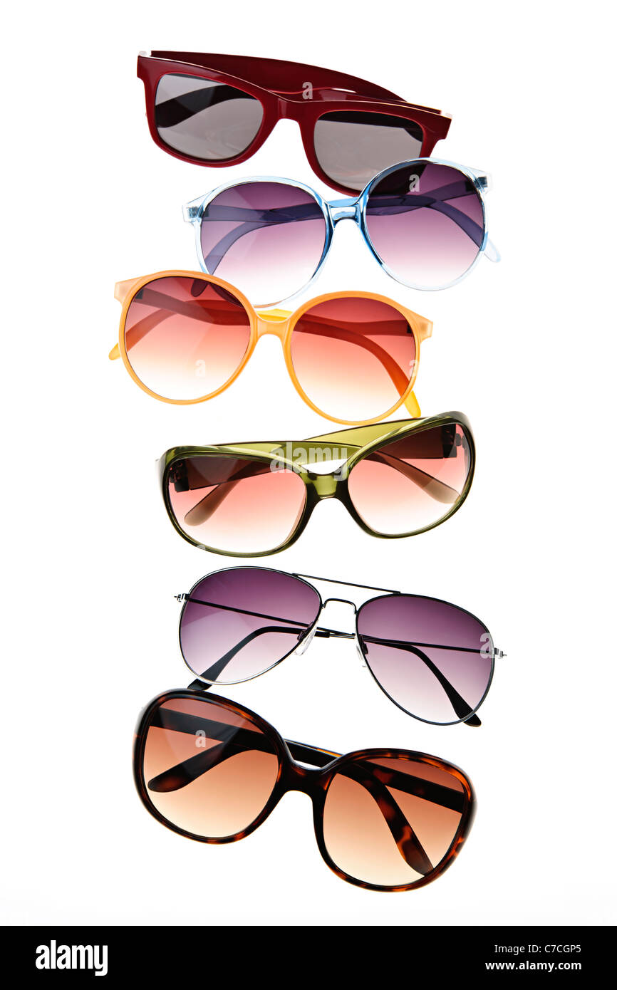 Assorted styles of tinted sunglasses isolated on white background Stock Photo