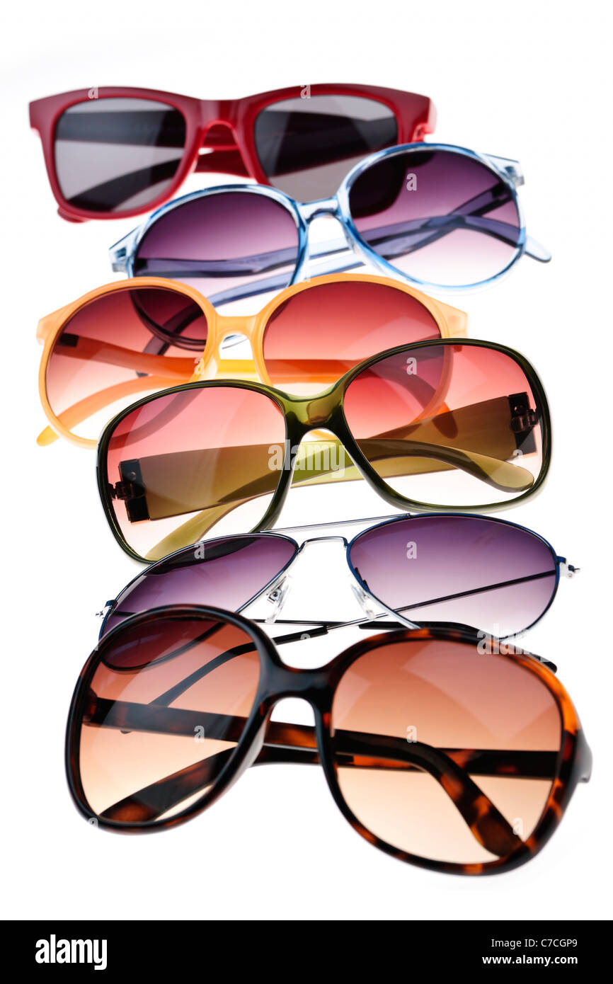 Assorted styles of tinted sunglasses isolated on white background Stock Photo