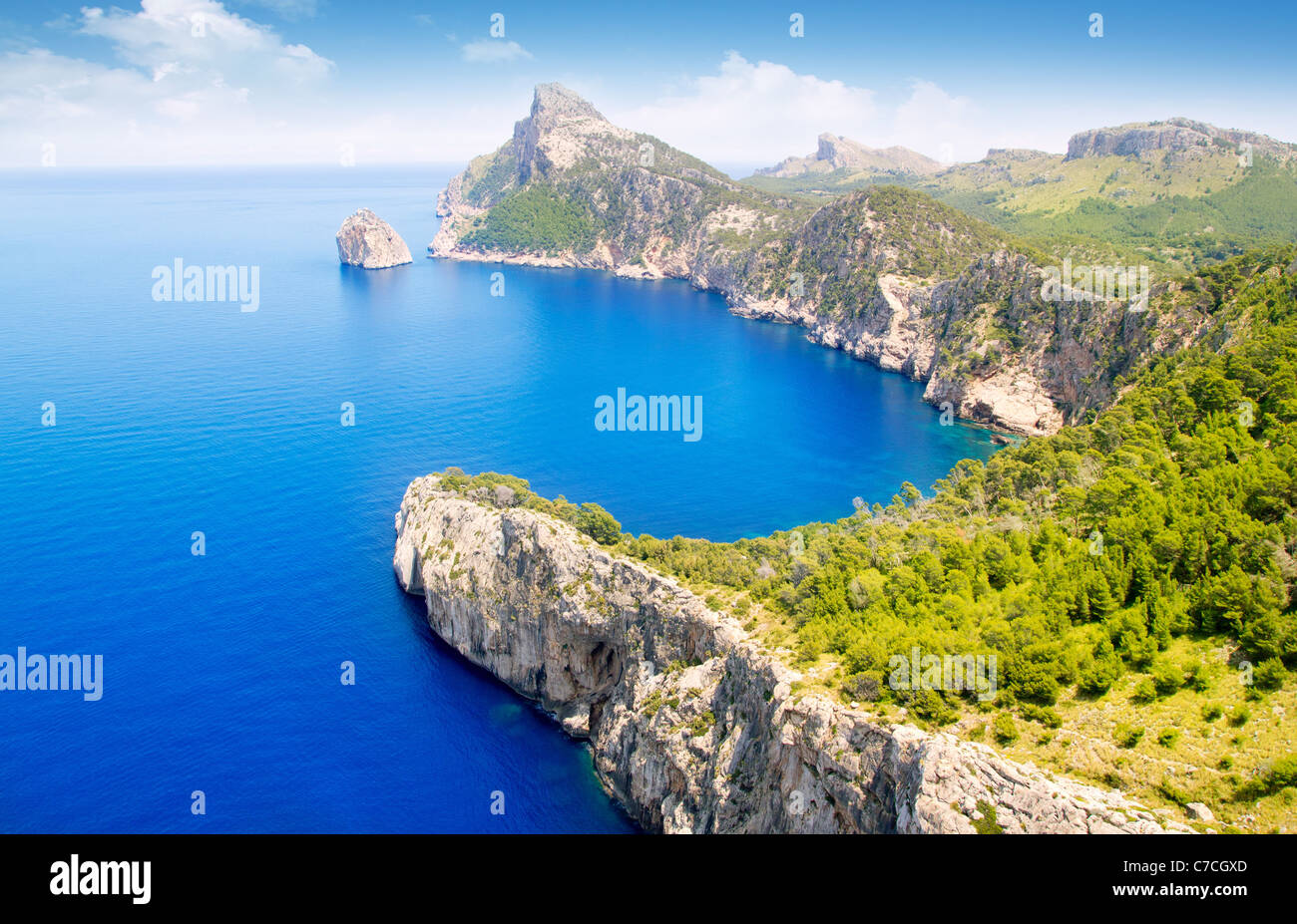 Formentor cape to Pollensa high aerial sea view in Mallorca balearic islands Stock Photo