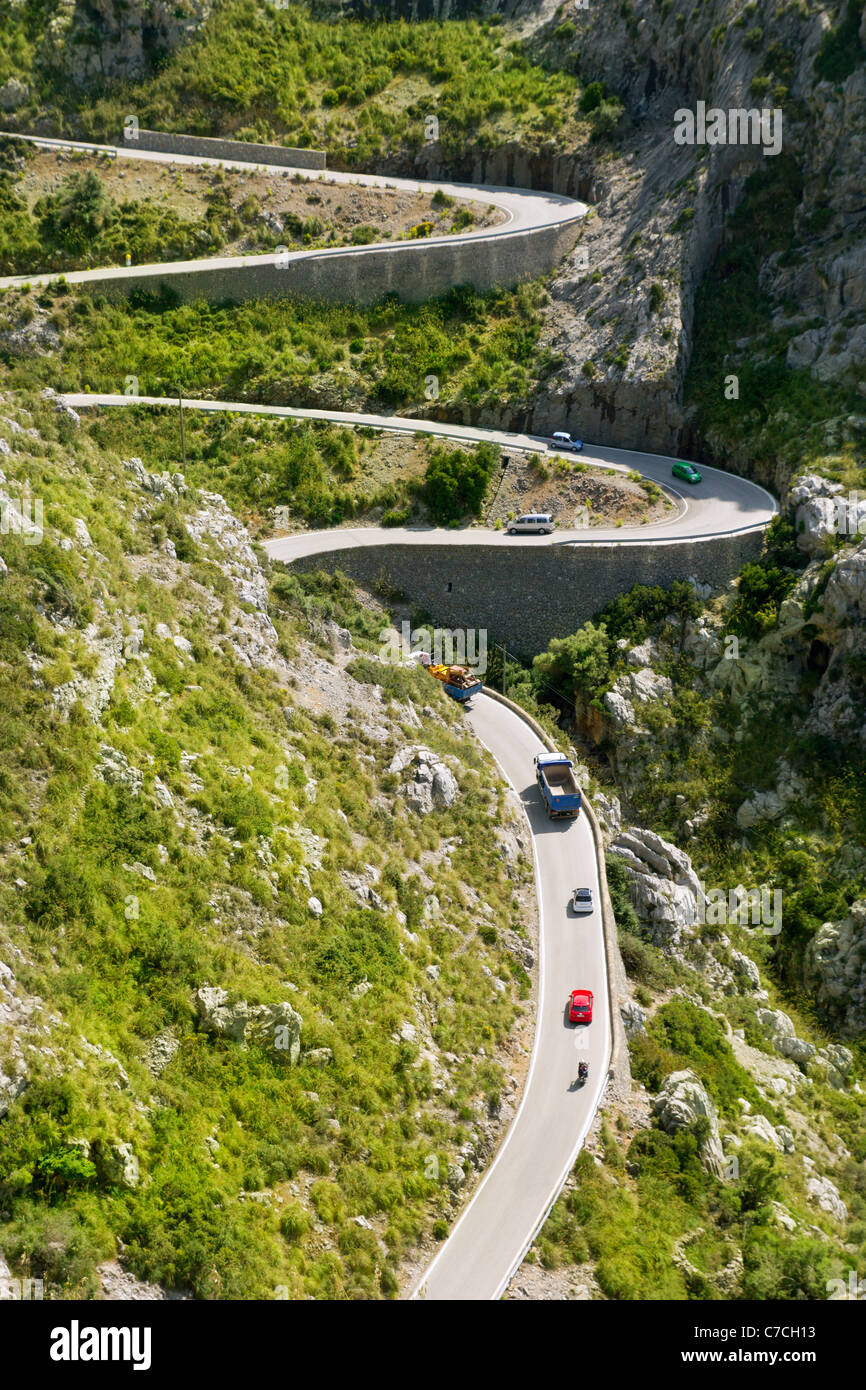 Winding road in mountain near Sacalobra in Mallorca Tramuntana from Spain Stock Photo