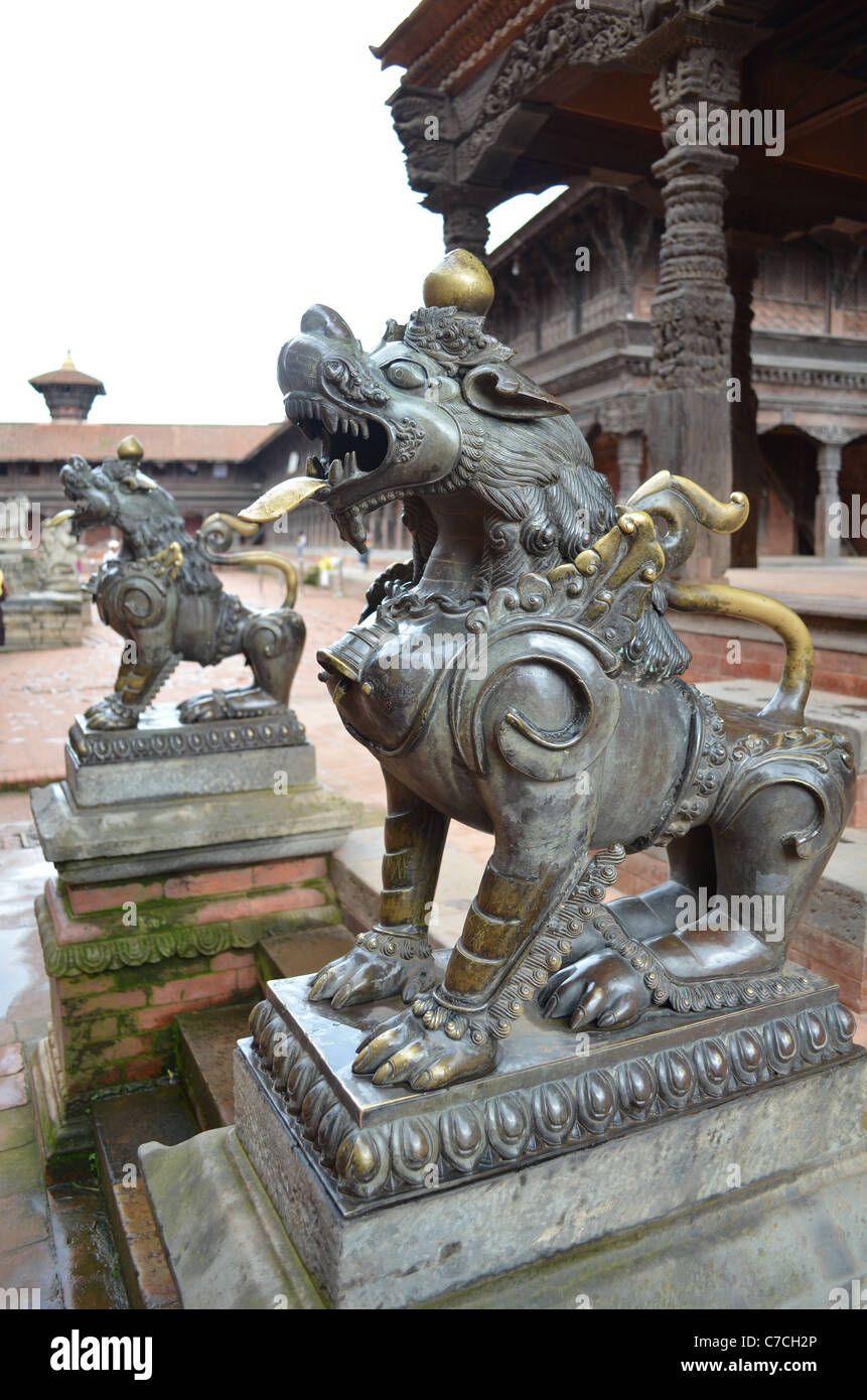 Metal lion statues guard a temple from evil spirits, Durbar Square