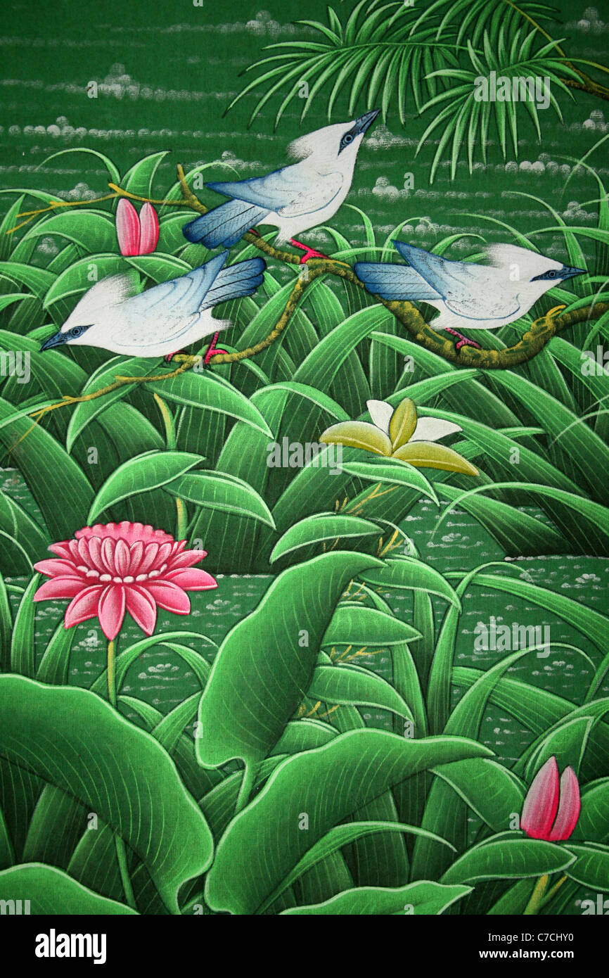 Indonesian Painting Of Bali Starlings Stock Photo