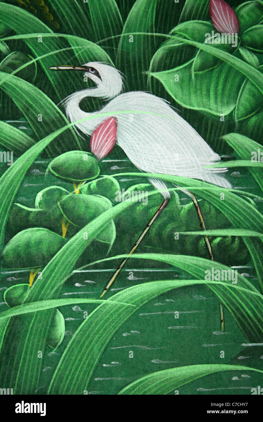 Indonesian Painting Of Egret In a Pond Stock Photo