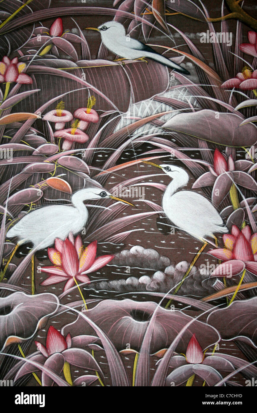 Indonesian Painting Of Egrets And Bali Starling In a Lily Pond Stock Photo