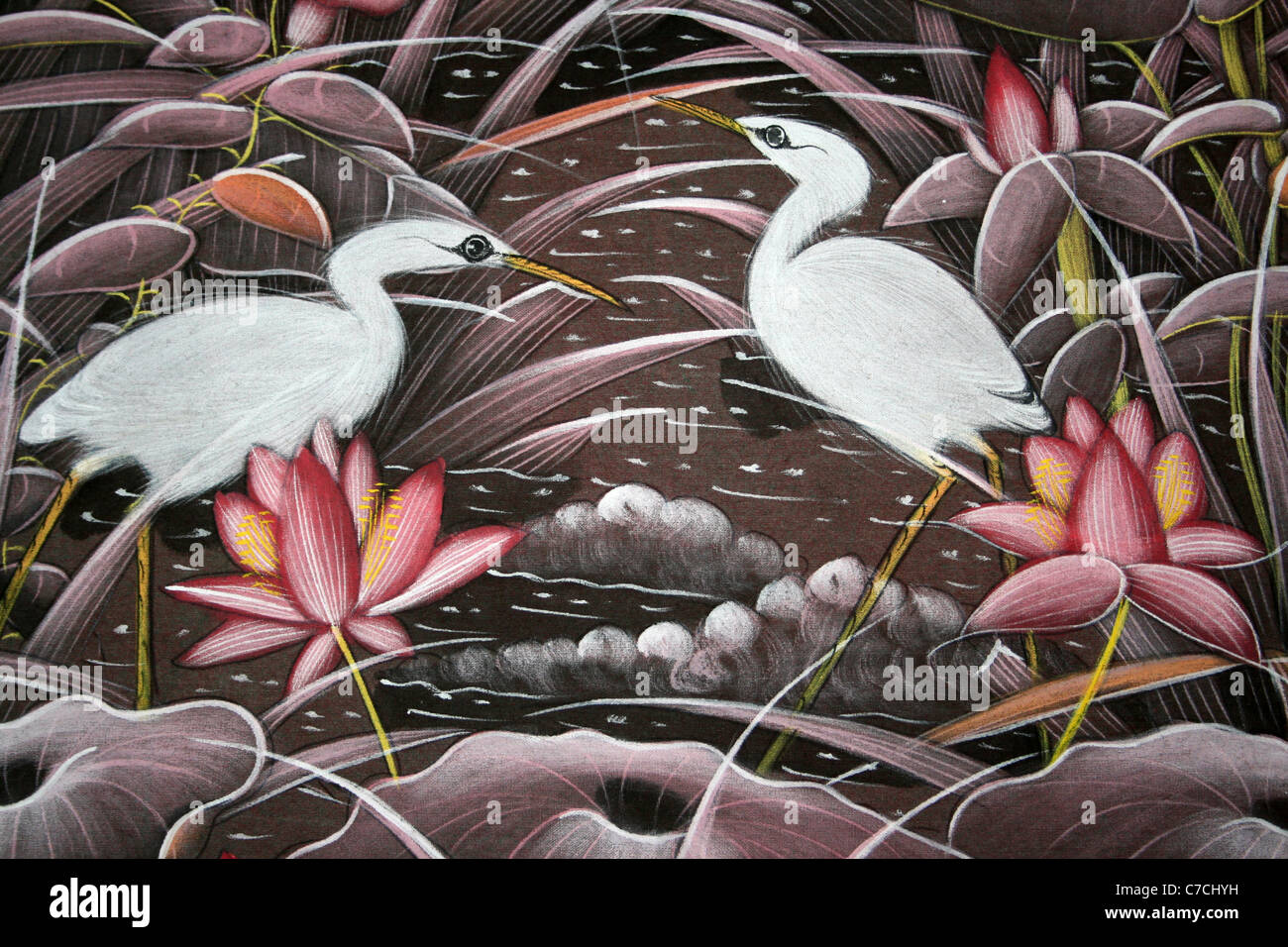 Indonesian Painting Of Egrets In a Lily Pond Stock Photo