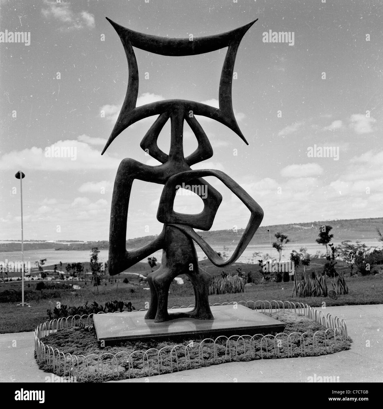 An abstract sculpture sits front of sea at Rio de Janeiro, in this historical picture from Brazil taken 1960s by J. Allan Cash. Stock Photo