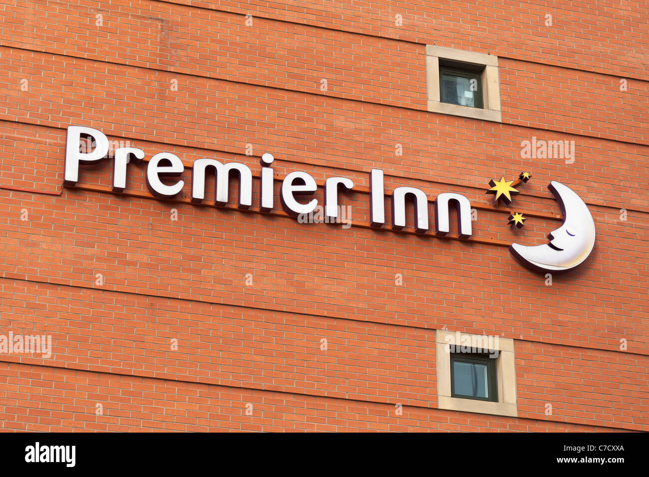 Premier Inn hotel sign, UK. Stock Photo