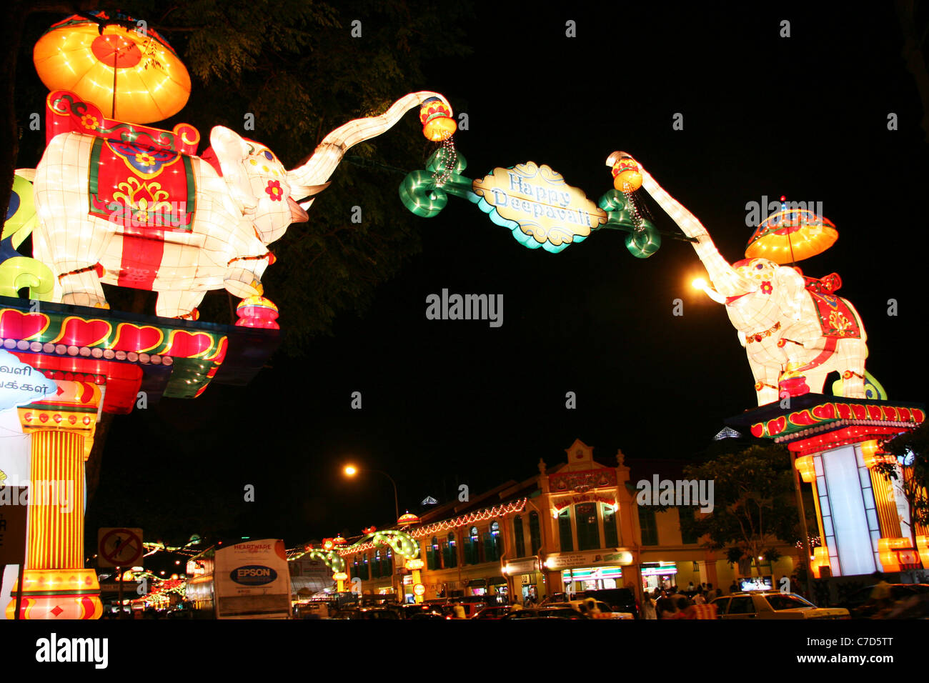 Deepavali illuminations on Serangoon Road in the Little India district of Singapore City. Stock Photo