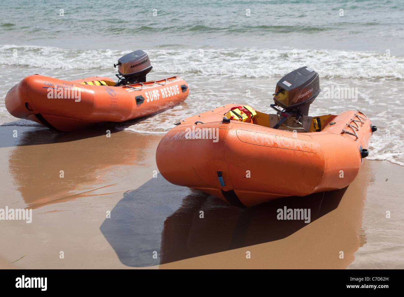 Fast rescue RNLI surf rescue boats Bournemouth beach England UK Stock Photo