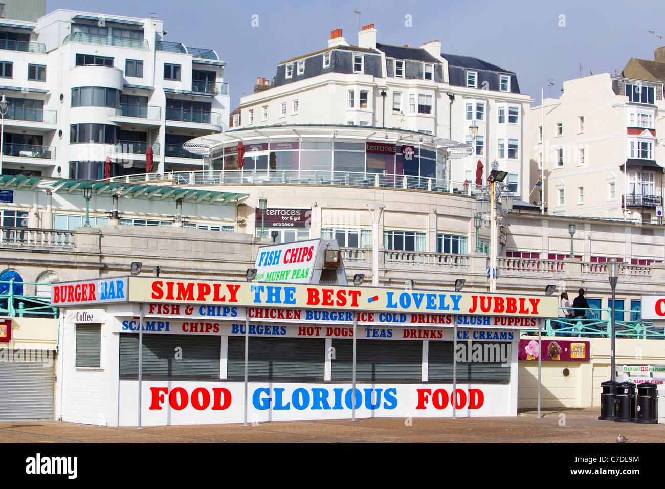 Sea front buildings and Food kiosk, Brighton, East Sussex, UK, autumn Stock Photo
