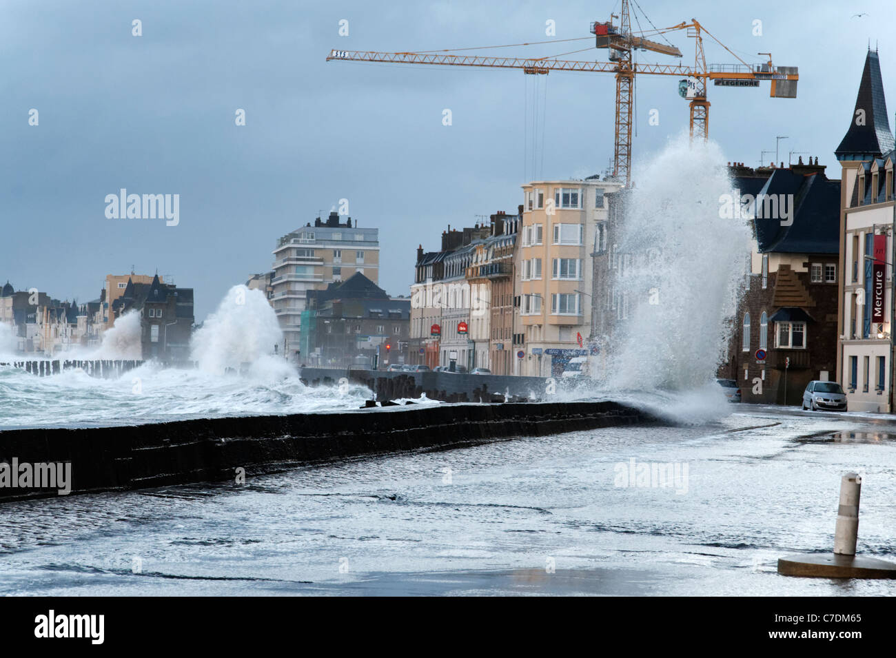 Storm in St Malo, powerful waves against the sea wall (Chaussée du