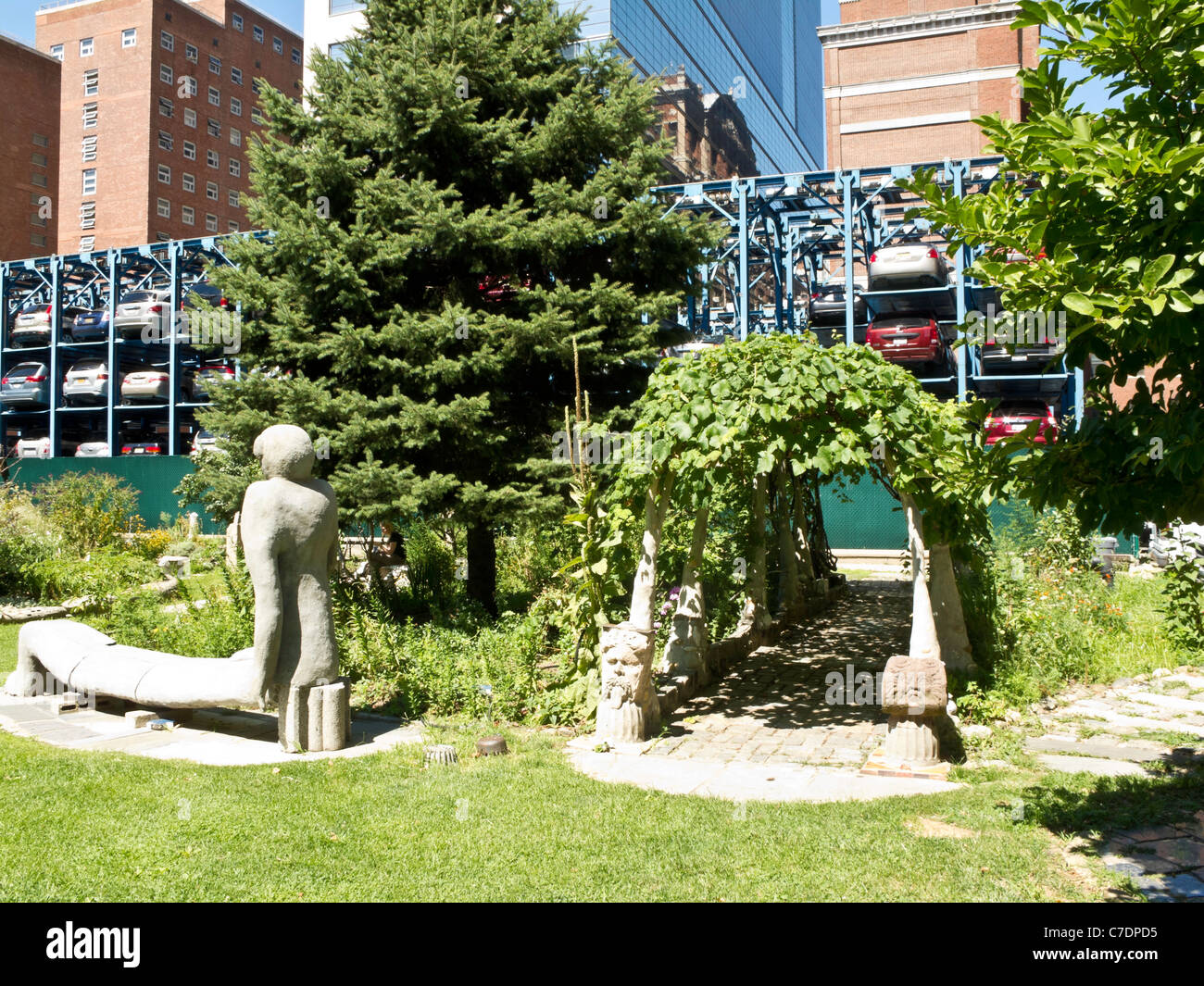 Garden Statues and Archway,Urban Garden, Parking Storage, NYU Medical Center, NYC Stock Photo