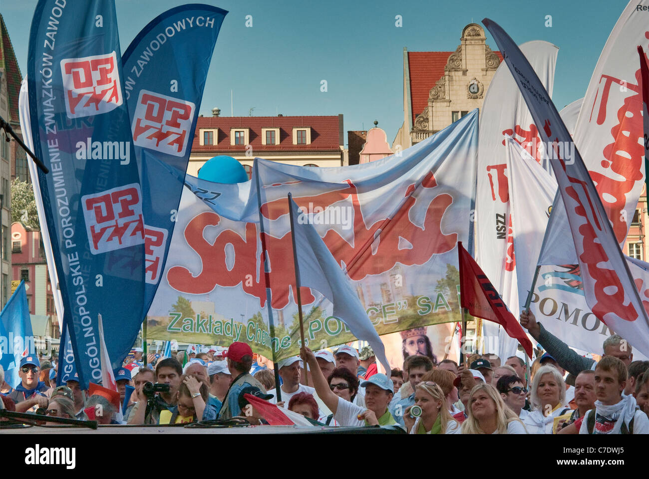 European trade unionists demonstrating during meeting of European Union finance ministers on Sep 17, 2011 in Wroclaw, Poland Stock Photo