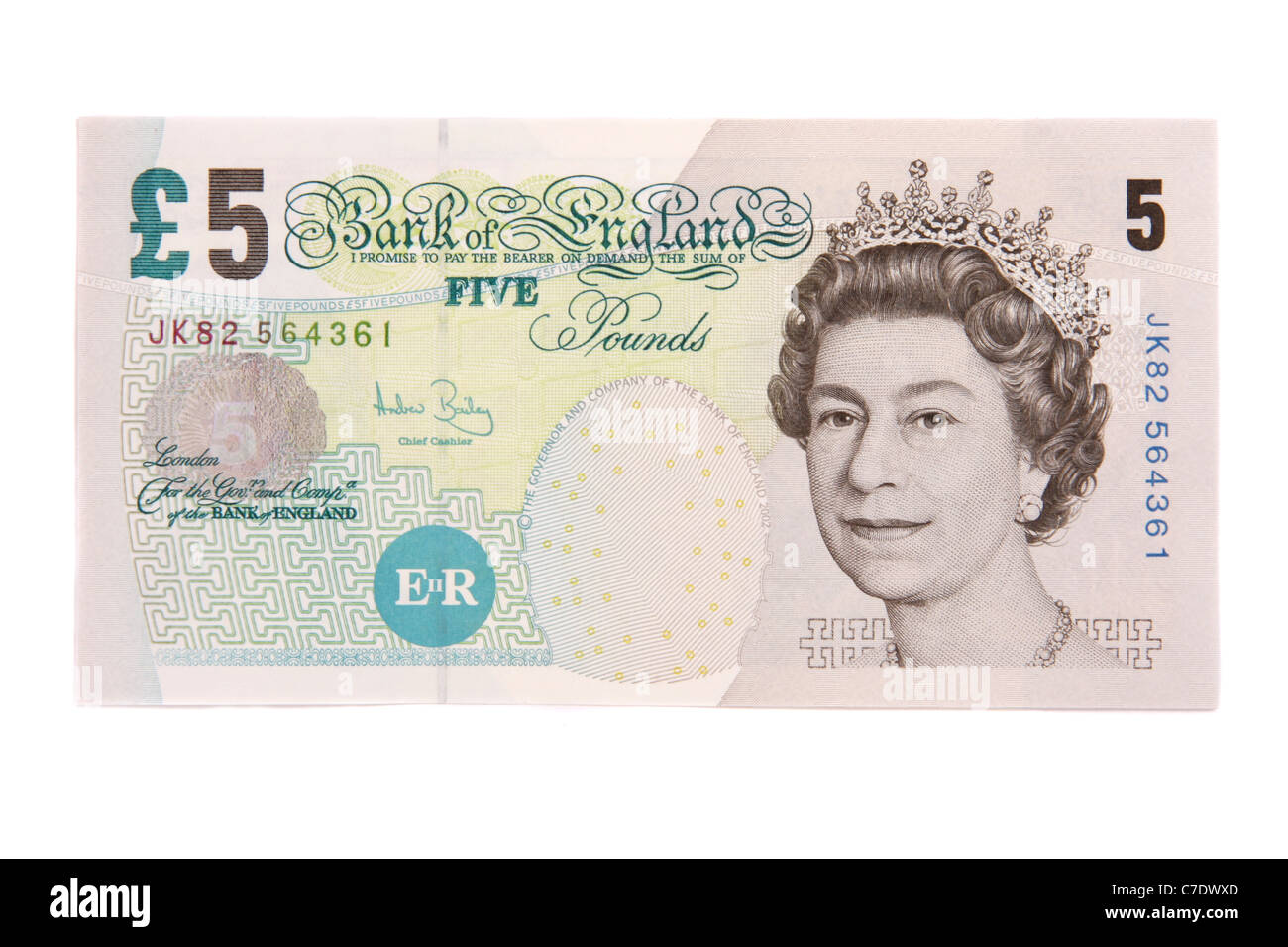 The front of a modern English five pound note. Stock Photo