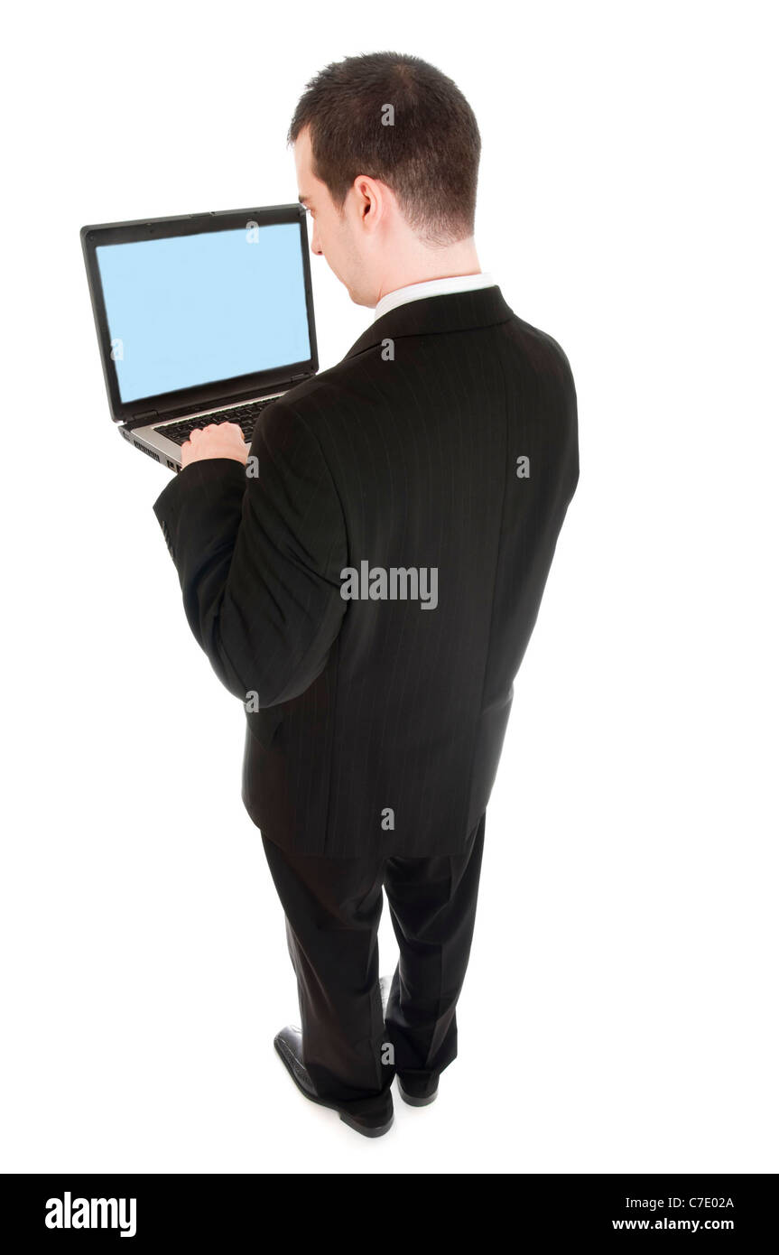 Isolated business man with laptop Stock Photo