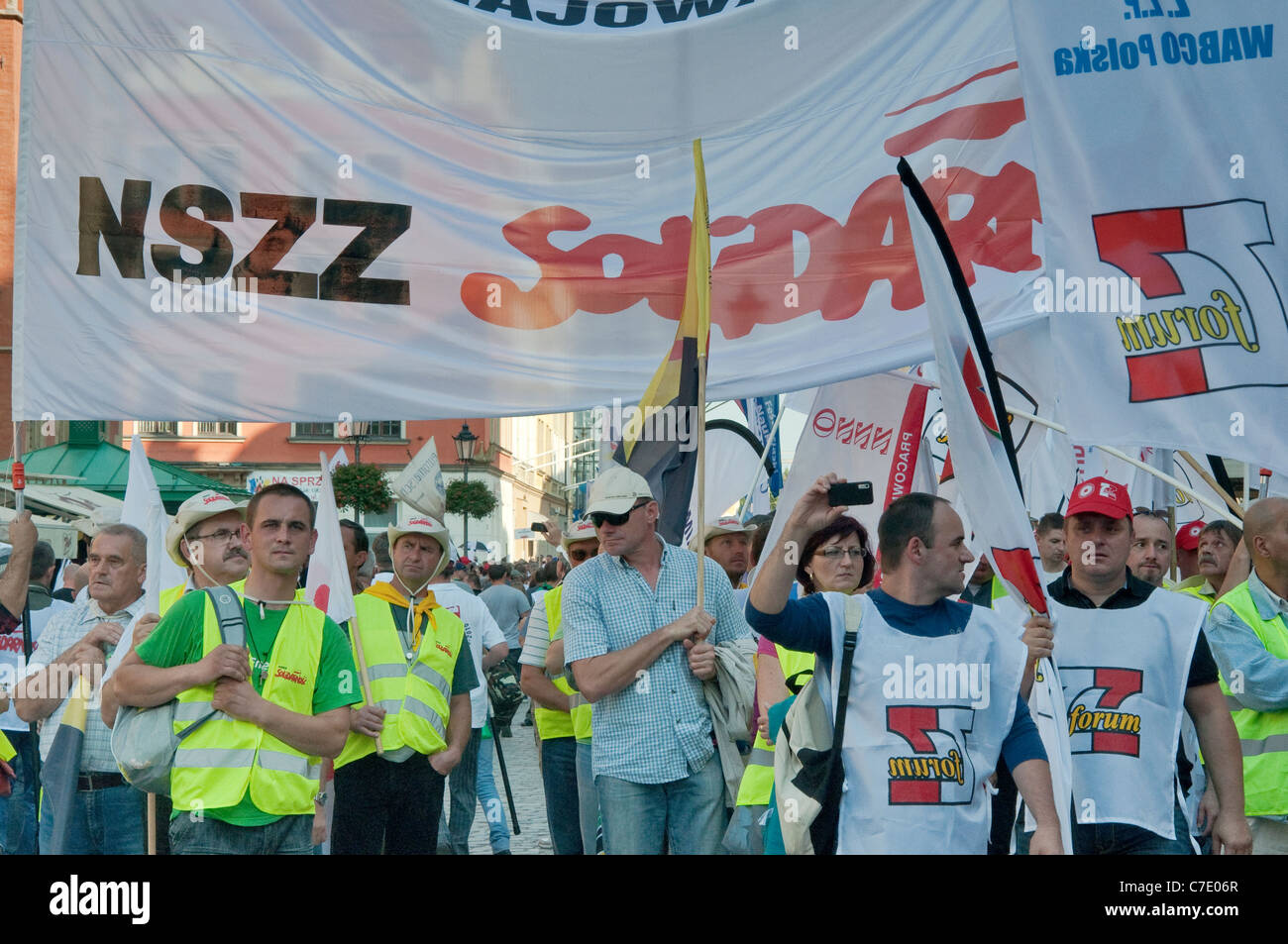 Solidarity members, European trade unions demonstration during meeting of EU finance ministers on Sep 17, 2011 in Wroclaw Poland Stock Photo