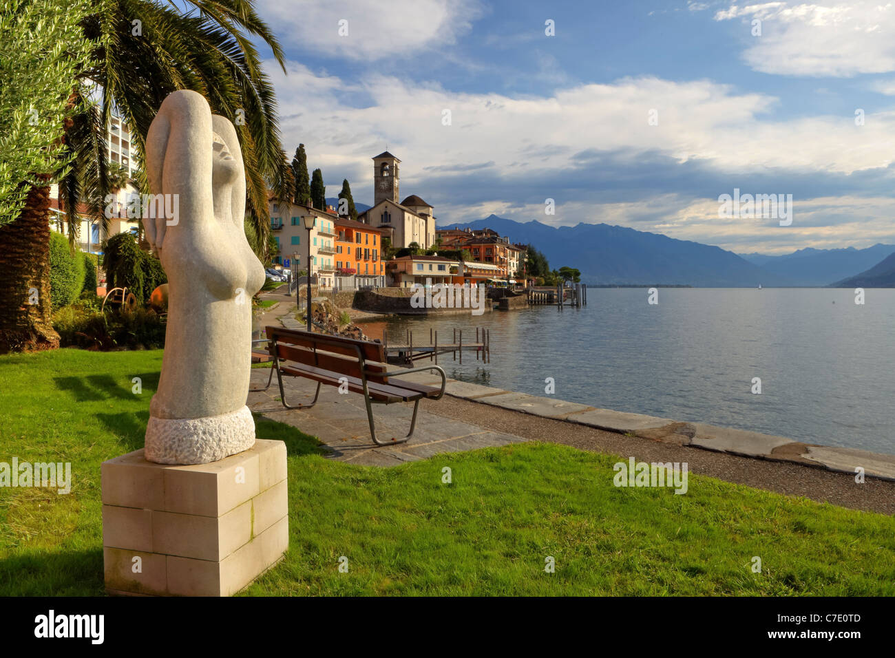The waterfront of Brissago with works of art Stock Photo