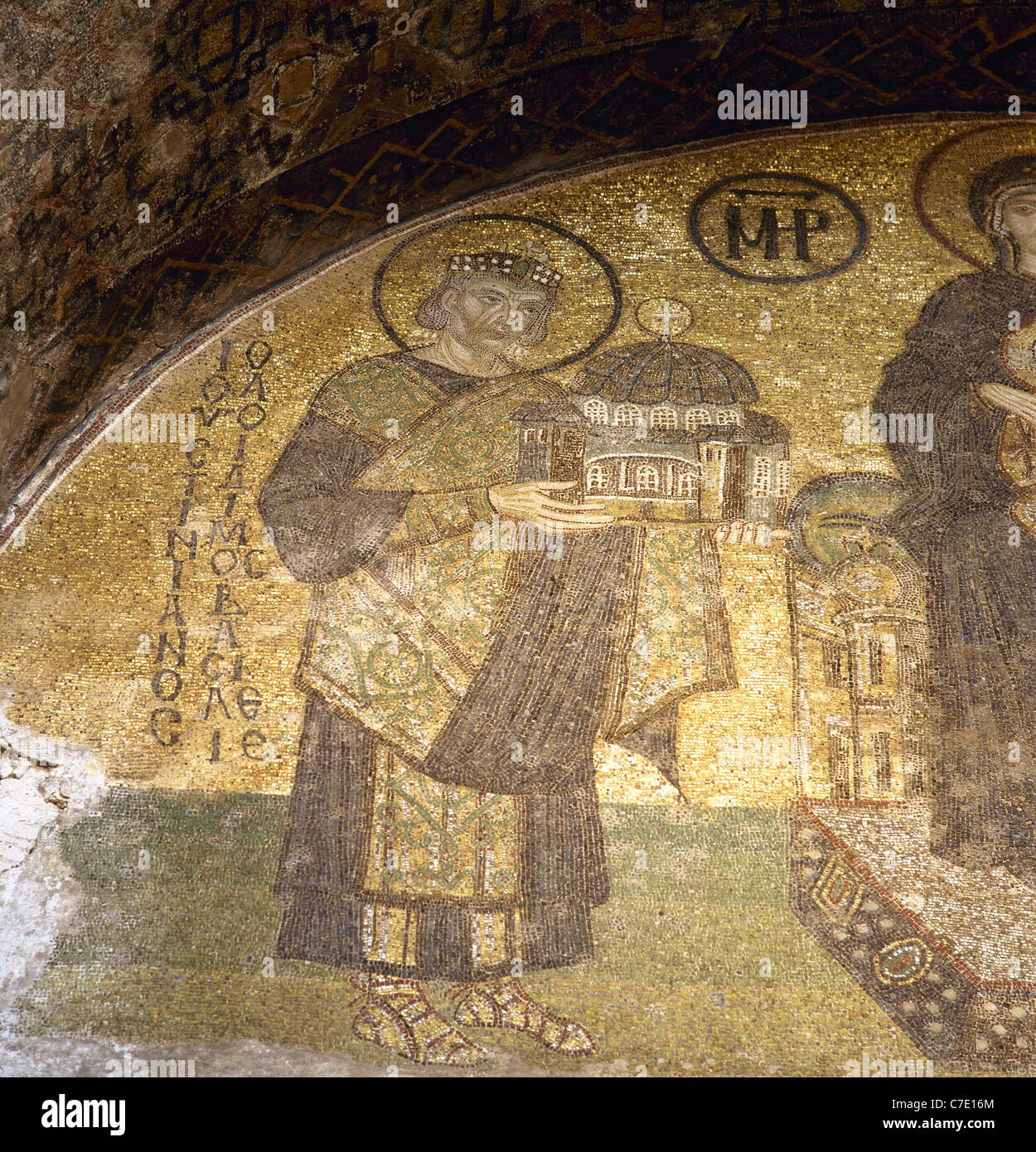 Justinian I (483-565).  Mosaic depicting the emperor offering a model of the Hagia Sophia to the Virgin Mary. Stock Photo