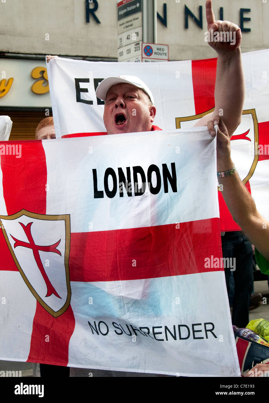 English Defence League EDL  march through Tower Hamlets London East End despite banning of march 3.9.2011 Stock Photo