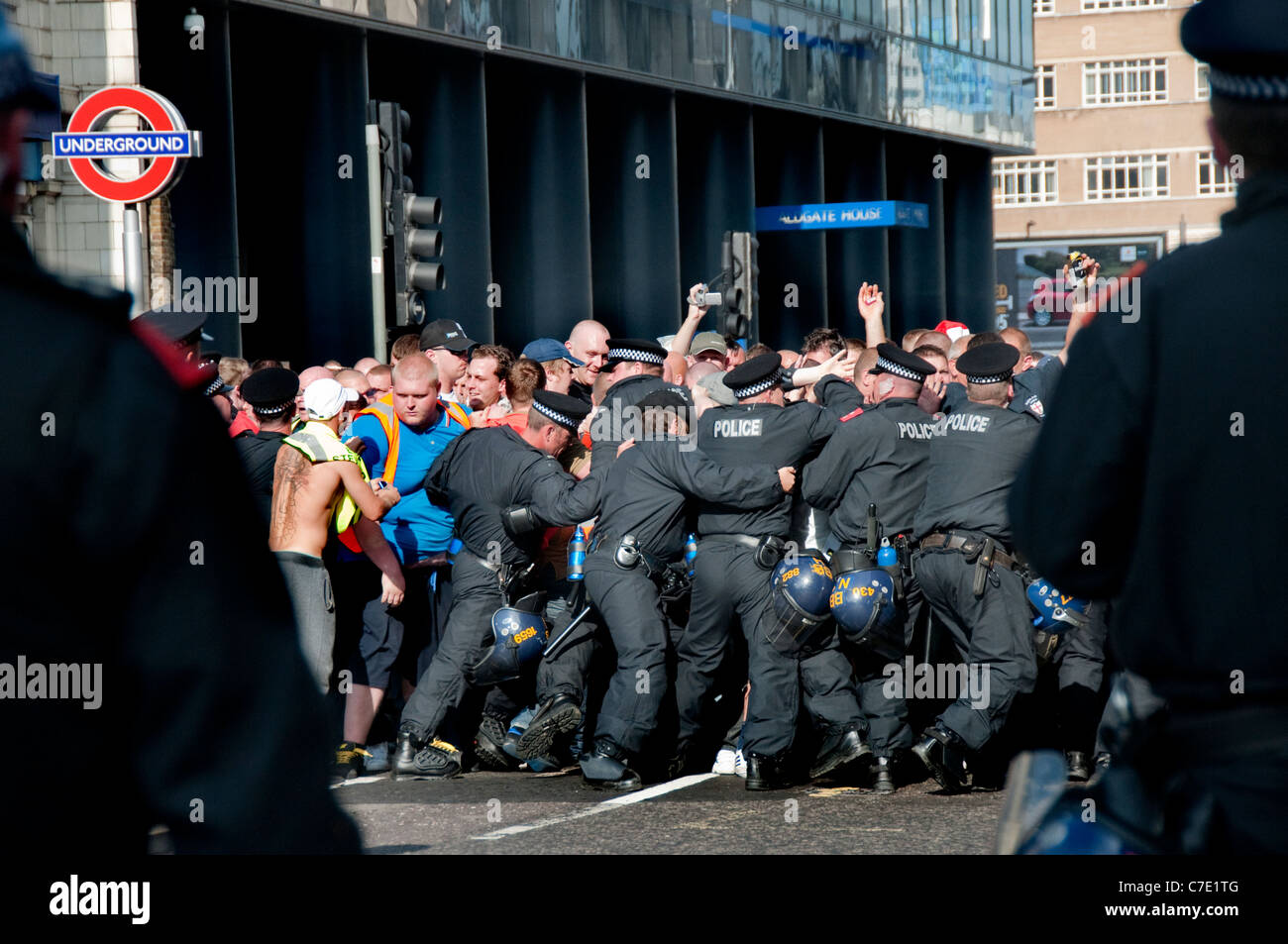 English Defence League EDL  march through Tower Hamlets London East End despite banning of march 3.9.2011 Stock Photo