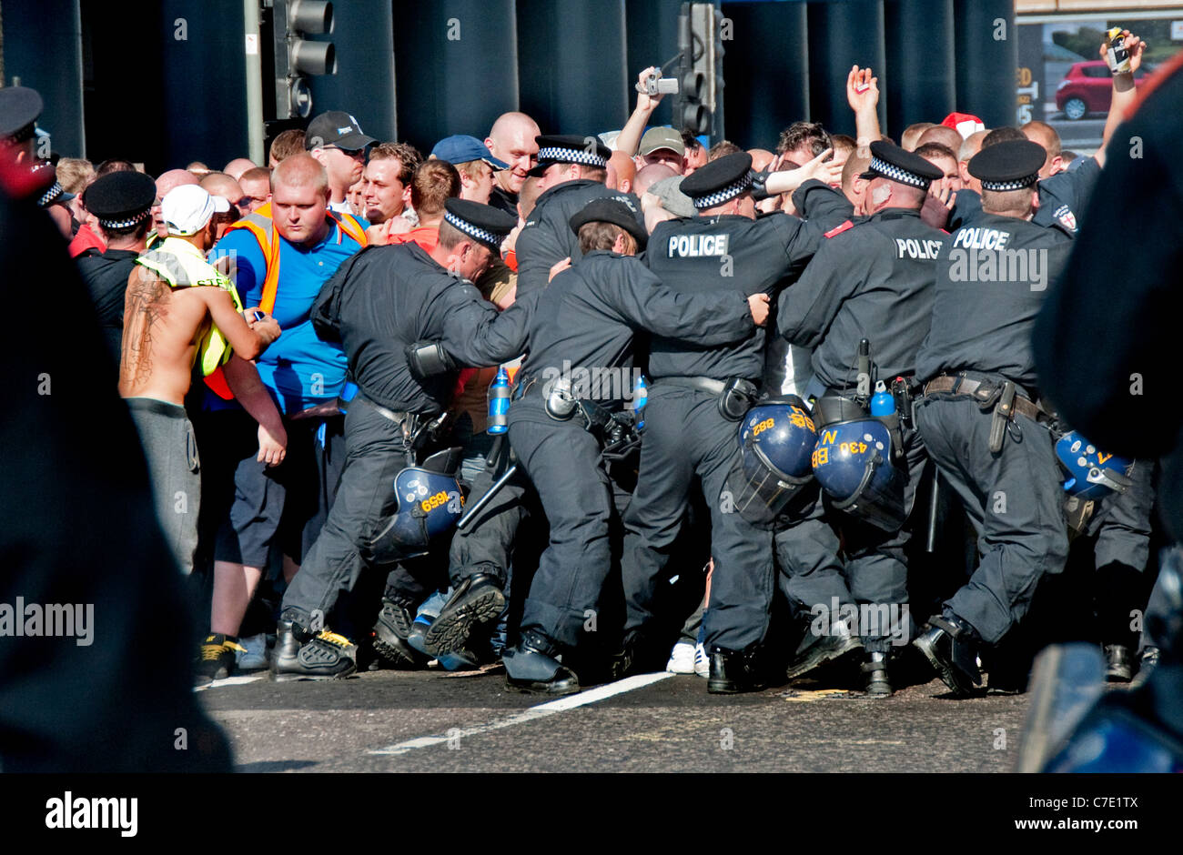 English Defence League EDL  march through Tower Hamlets London East End despite banning of march 3.9.2011 Stock Photo