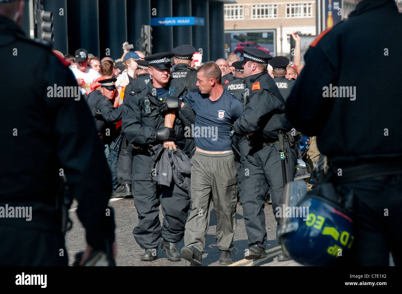 English Defence League EDL  march through Tower Hamlets London East End despite banning of march 3.9.2011 Stock Photo