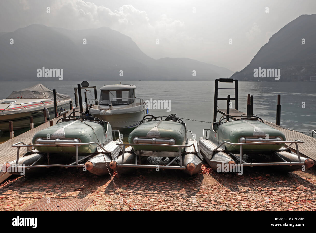 old retro style pedal boats on the Lago di Lugano Stock Photo