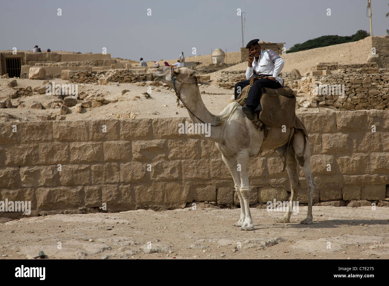Security man on the back of a camel, making a mobile phone call Stock Photo