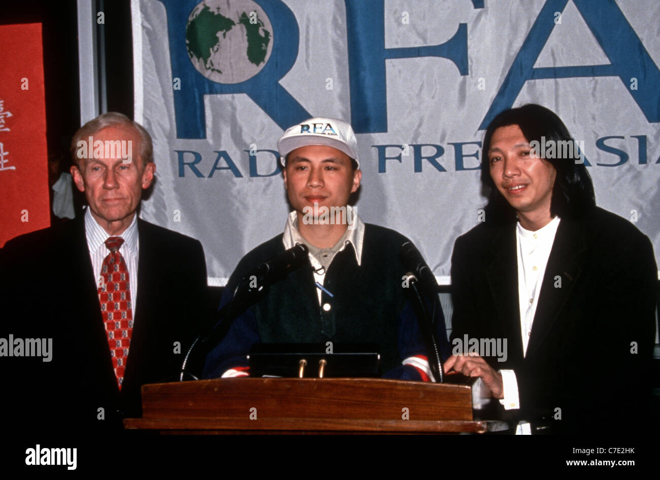 Chinese dissident Wang Dan (center) with fellow dissident Xiao Qiang and Radio Free Asia founder Richard Richter Stock Photo