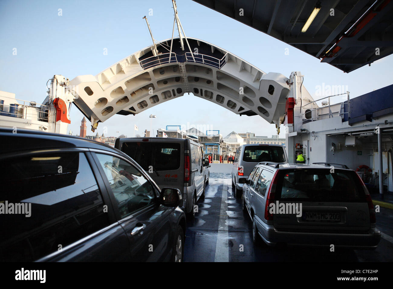 Cars shortly before disembarking a car ferry, Helsingborg, Sweden Stock Photo