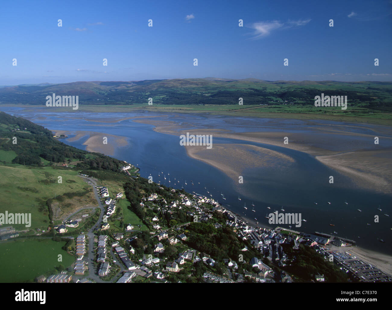 Aerial view of Aberdovey village and Dovey estuary with Plynlimon range in the distance Gwynedd Snowdonia National Park Mid Wale Stock Photo