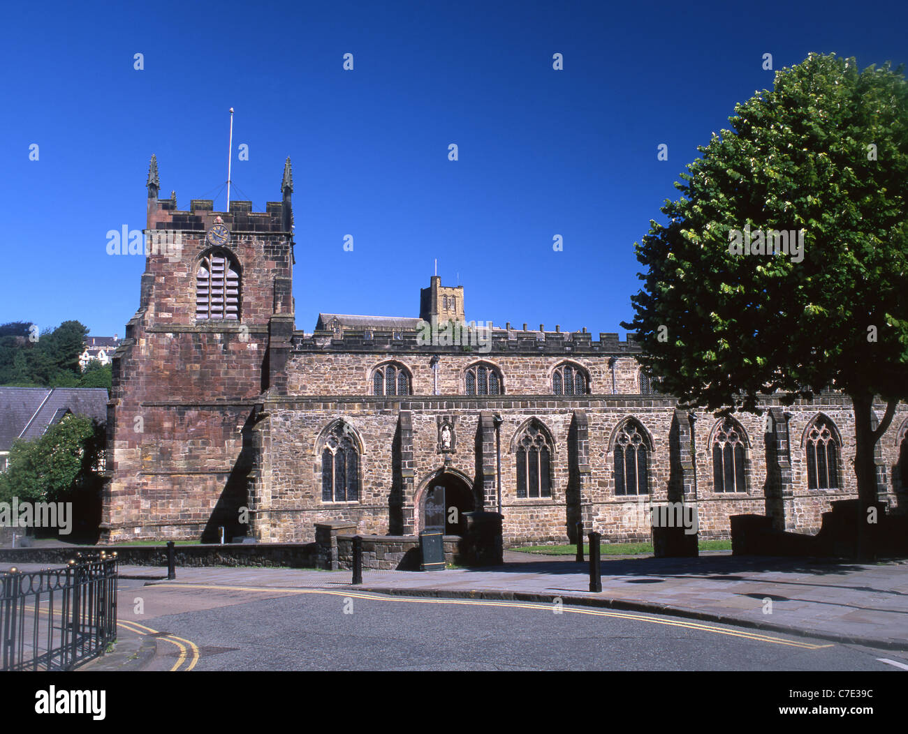 Bangor Cathedral (St Deiniol) and tower of main University Building on hillside behind Bangor Gwynedd North Wales UK Stock Photo