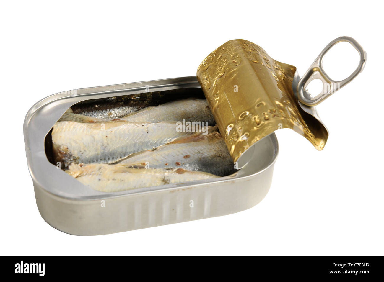 Open can of sardines isolated over white background - With clipping path Stock Photo