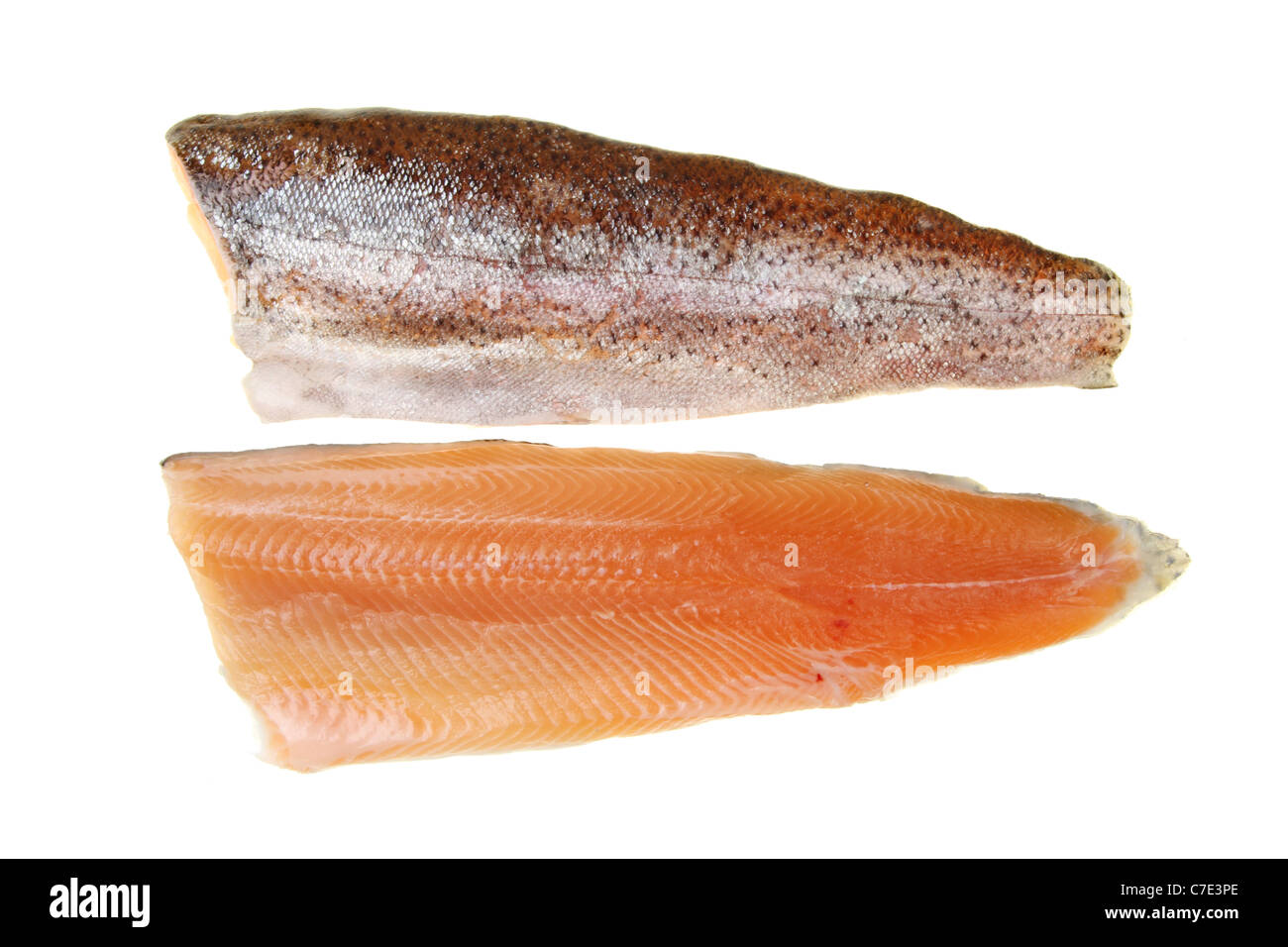 Two trout fillets isolated against white Stock Photo