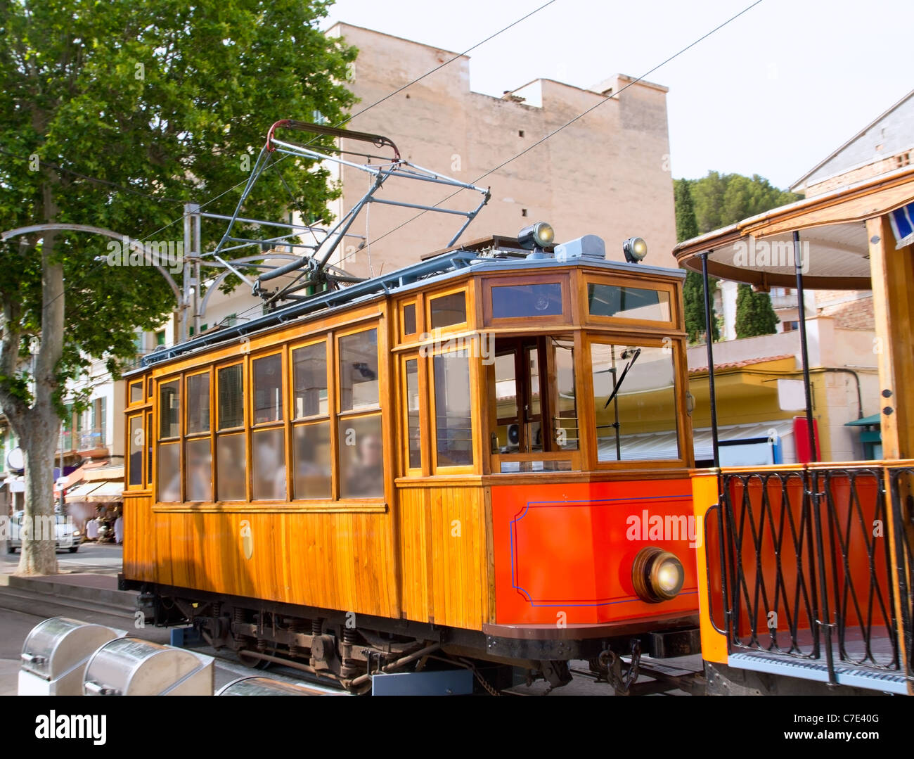 Classic wood tram train of Puerto de Soller in Mallorca island from Spain Stock Photo