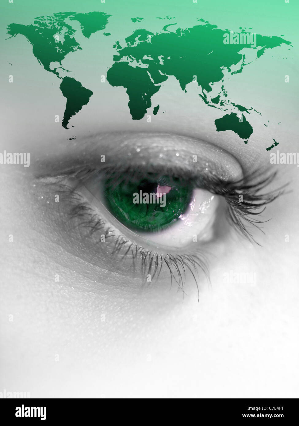 Montage of a pretty color isolated eye with the world continents. Stock Photo