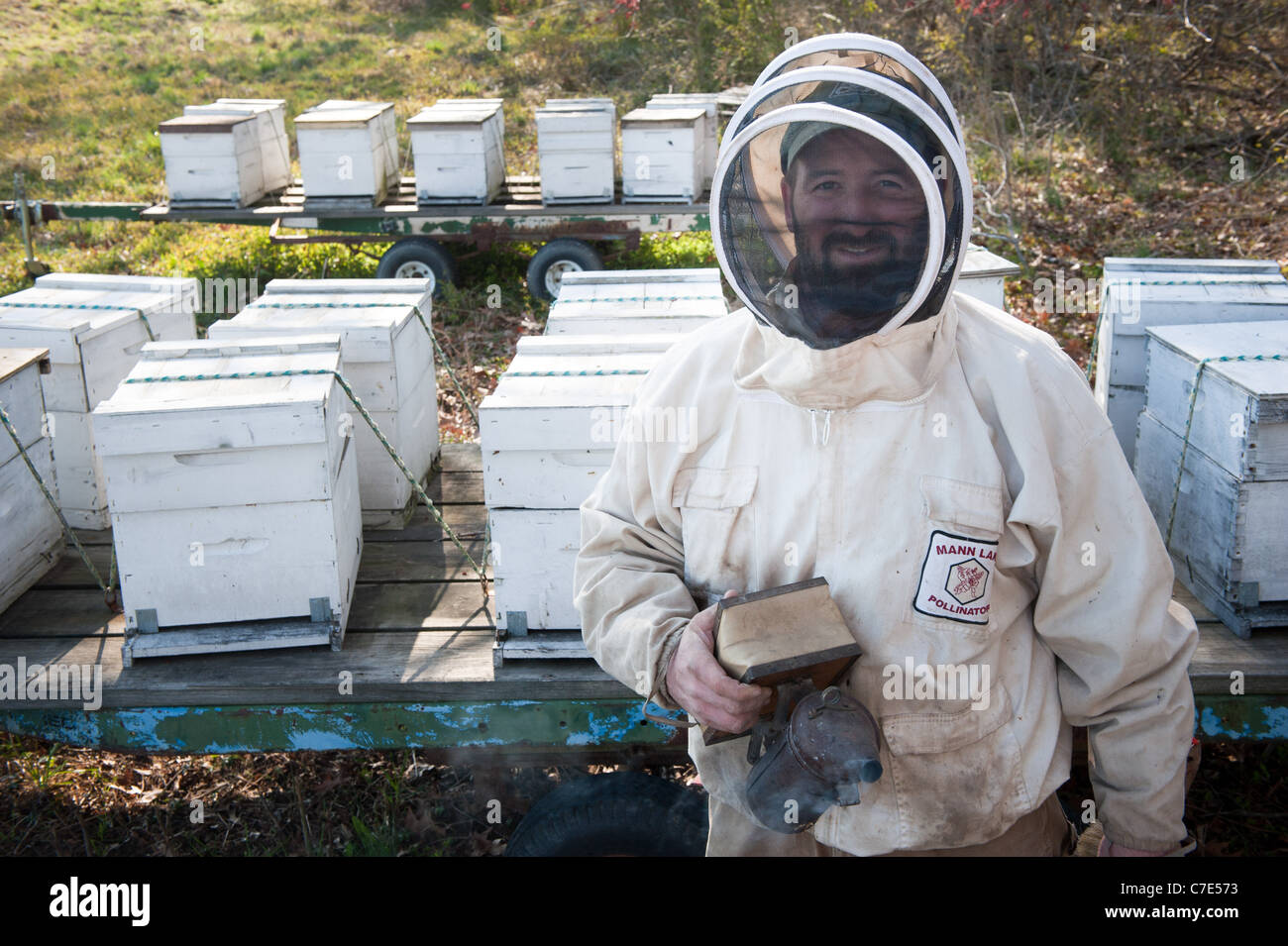 Beekeeper standing in front of hives Stock Photo