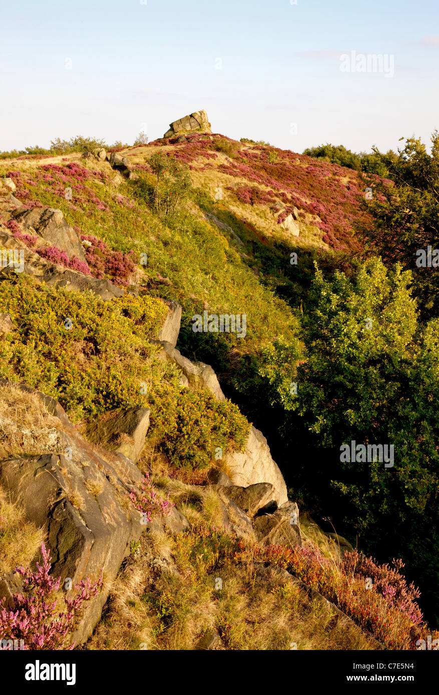The Fabrick is a rocky outcrop on a gritstone edge overlooking Ashover in Derbyshire UK Stock Photo