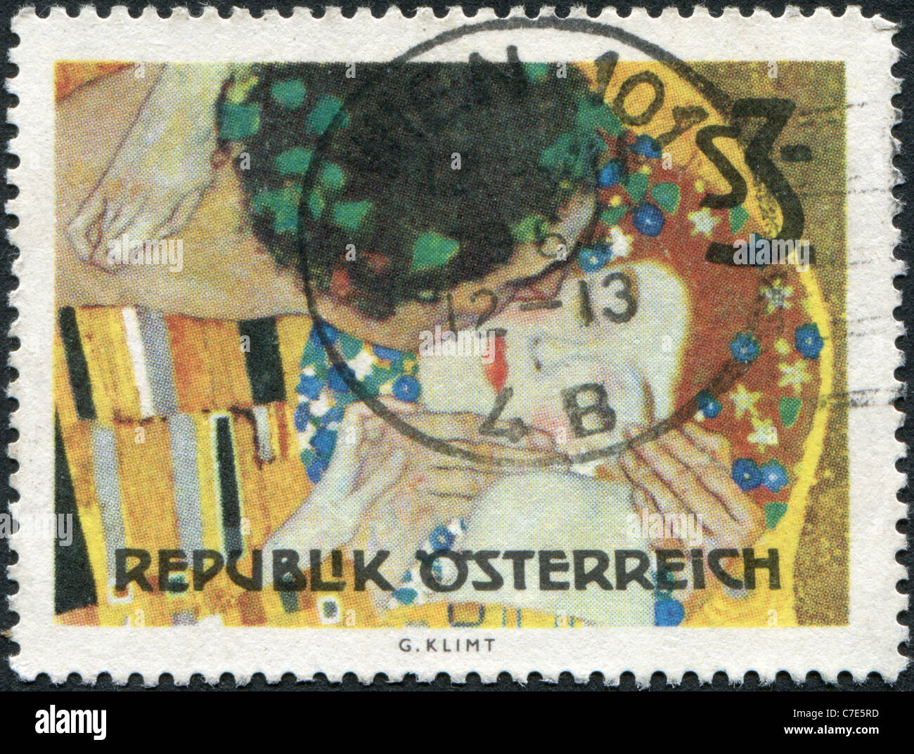 AUSTRIA - 1964: A stamp printed in Austria, shows a picture of The Kiss by Gustav Klimt Stock Photo