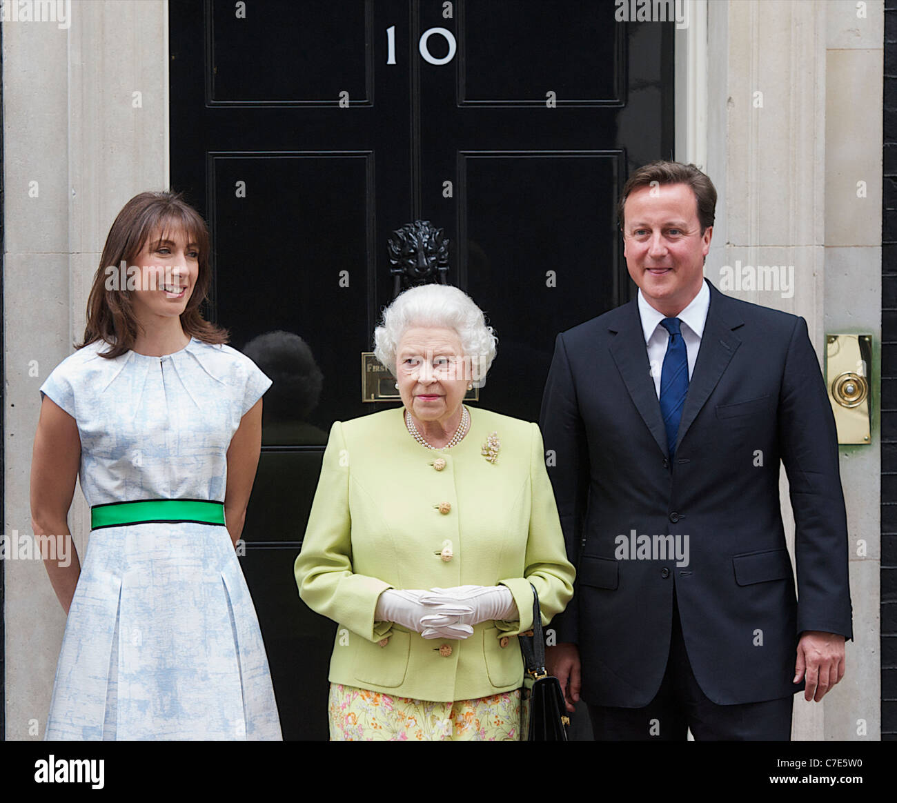 HRH The Queen and Duke of Edinburgh meet David and Samantha Cameron out side ten Downing street to Celebrate his 90th Birthday Stock Photo