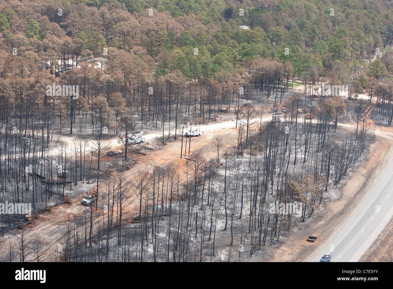 Aerial view of land devastated by wildfires near Bastrop, Texas, in the