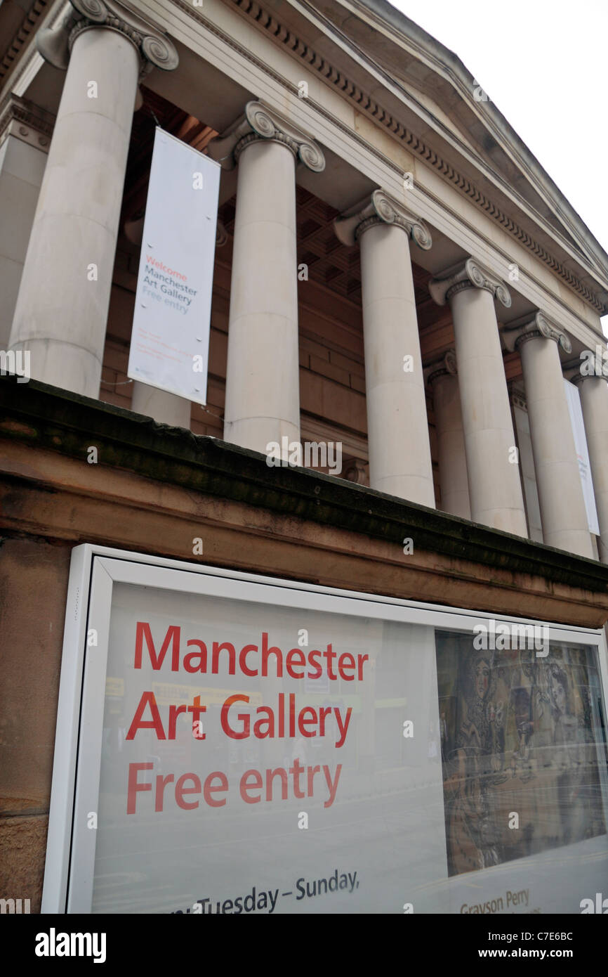 Manchester Art Gallery sign showing Free Entry on Oxford Road, Manchester, UK. Stock Photo