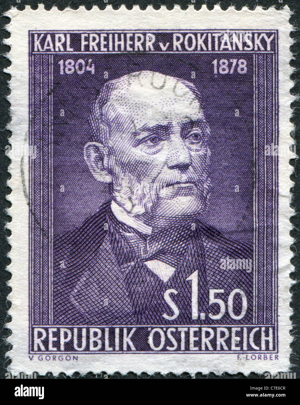 AUSTRIA - 1954: A stamp printed in Austria, is dedicated to the 150th anniversary of Baron Carl von Rokitansky Stock Photo