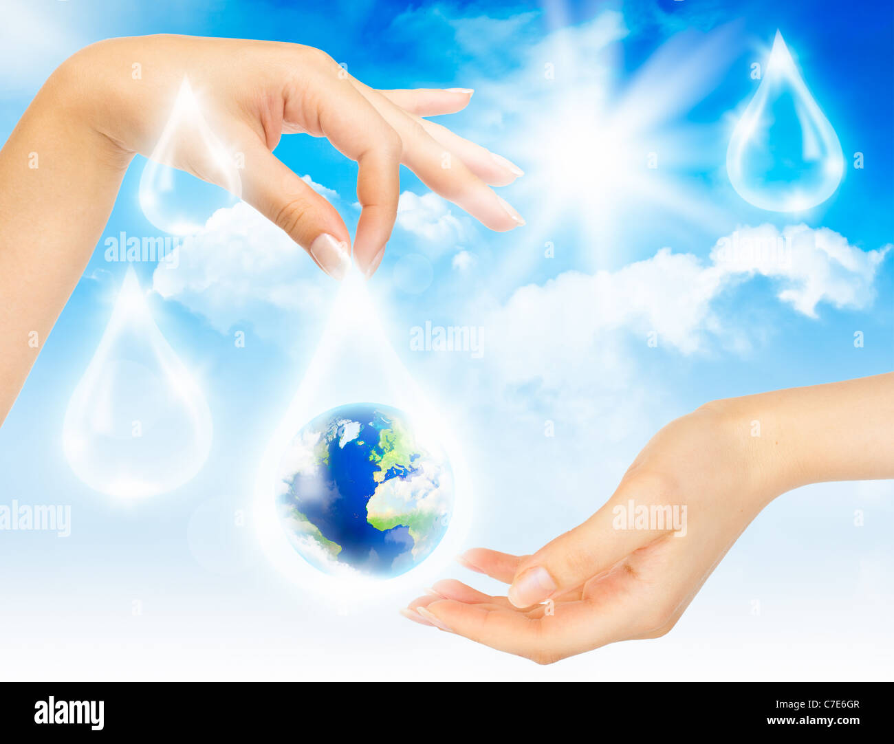 Drop of water with Earth inside and hands on sky background. The symbol of Save Planet. Stock Photo