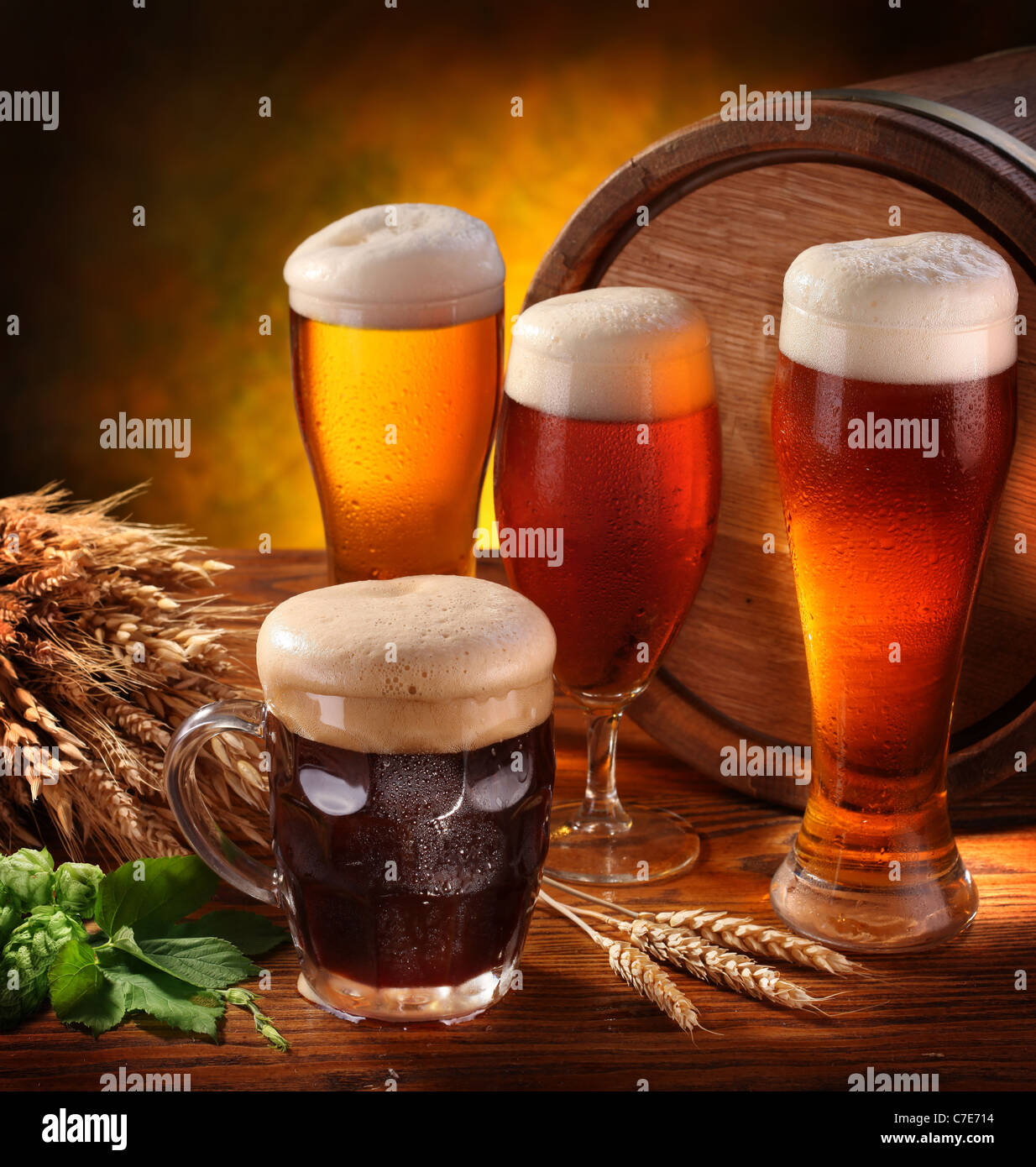 Still Life with a keg of beer and draft beer by the glass Stock Photo